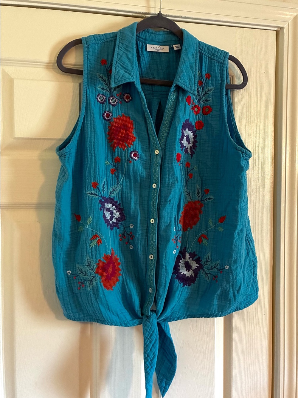 Susan Graver Passport Embroidered Tie-Front Sleeveless Shirt